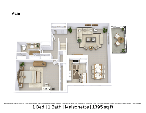 3D floor plan providing an angled view of a 1 bedroom, 1 bathroom Maisonette unit with room layouts and furniture placement across 1,395 Sq. Ft.
